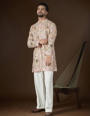 Peach georgette solid embroidered kurta with trouser set | designer ethnic wear for men 3