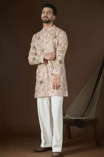 Peach georgette solid embroidered kurta with trouser set | designer ethnic wear for men