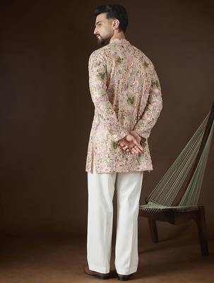 Peach georgette solid embroidered kurta with trouser set | designer ethnic wear for men 4
