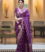 Purple silk blend jacuard work festival saree with unstitched blouse piece