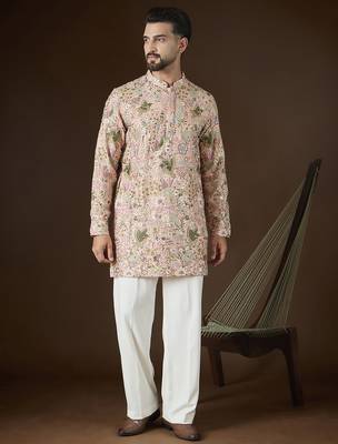 Peach georgette solid embroidered kurta with trouser set | designer ethnic wear for men 5