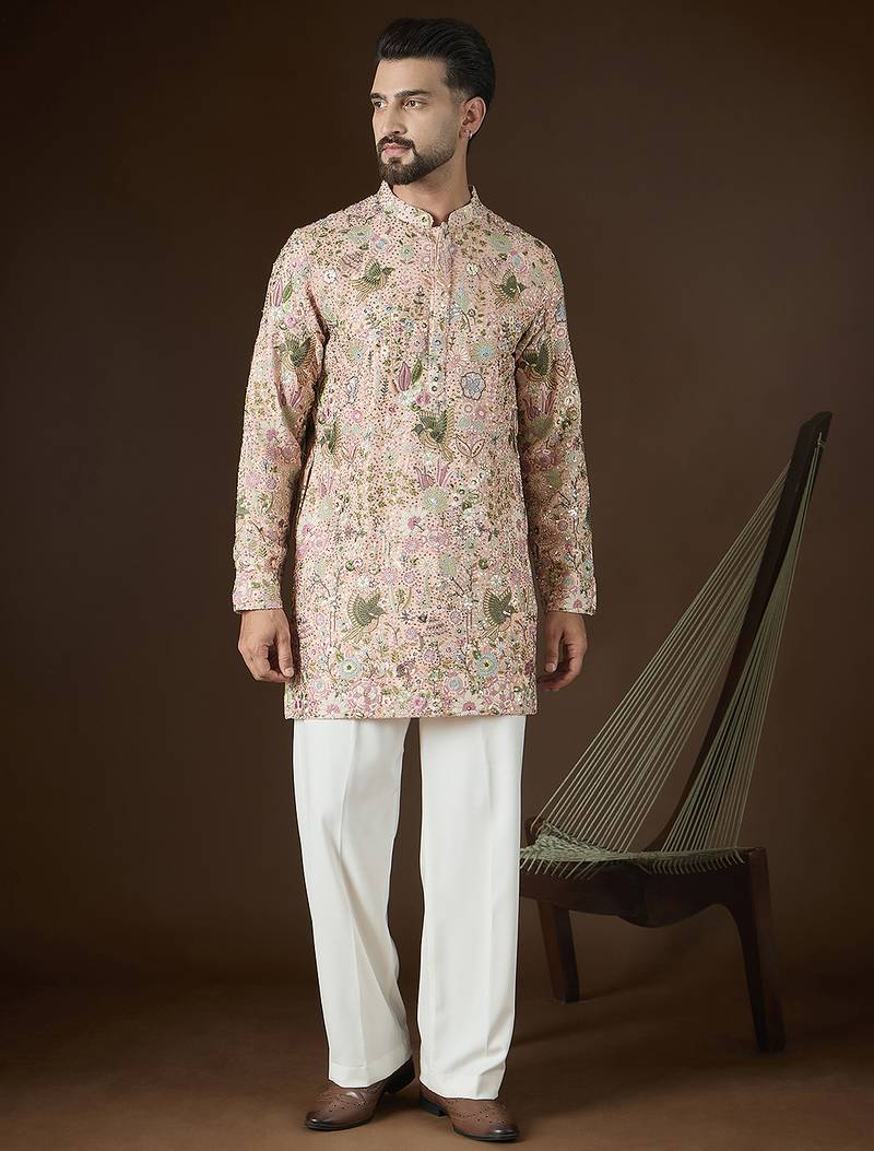 Peach georgette solid embroidered kurta with trouser set | designer ethnic wear for men