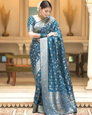 Rama silk blend jacuard work festival saree with unstitched blouse piece 1