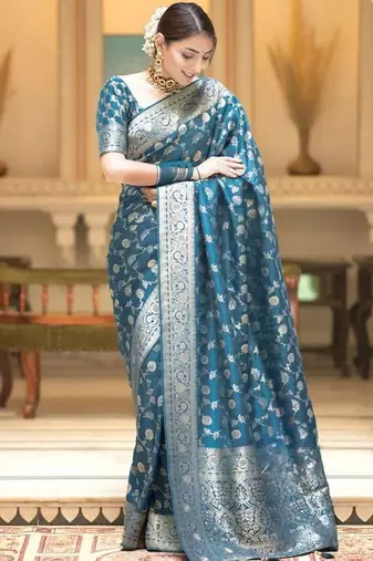 Rama silk blend jacuard work festival saree with unstitched blouse piece