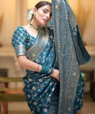 Rama silk blend jacuard work festival saree with unstitched blouse piece 2