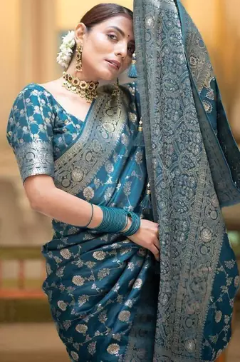 Rama silk blend jacuard work festival saree with unstitched blouse piece