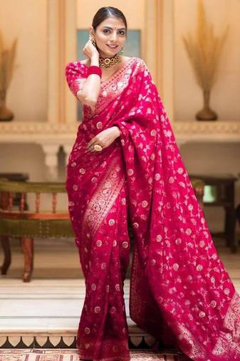 Rani pink silk blend jacuard work festival saree with unstitched blouse piece