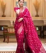 Rani pink silk blend jacuard work festival saree with unstitched blouse piece