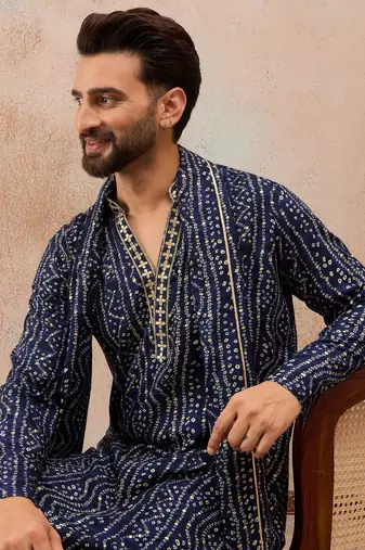 Blue viscose rayon bandhani printed kurta with dupatta & trouser set | trendy ethnic wear for women