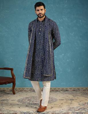Blue viscose rayon bandhani printed kurta with dupatta & trouser set | trendy ethnic wear for women 1