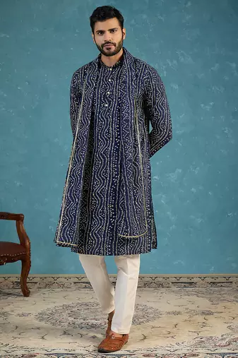 Blue viscose rayon bandhani printed kurta with dupatta & trouser set | trendy ethnic wear for women