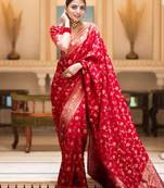 Red silk blend jacuard work festival saree with unstitched blouse piece