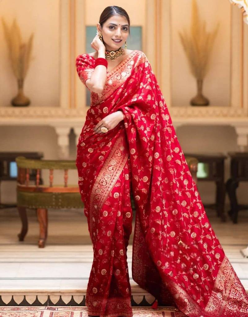 Red silk blend jacuard work festival saree with unstitched blouse piece
