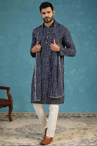 Blue viscose rayon bandhani printed kurta with dupatta & trouser set | trendy ethnic wear for women