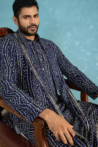 Blue viscose rayon bandhani printed kurta with dupatta & trouser set | trendy ethnic wear for women