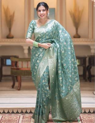 Sea green silk blend jacuard work festival saree with unstitched blouse piece 1