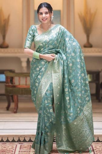 Sea green silk blend jacuard work festival saree with unstitched blouse piece