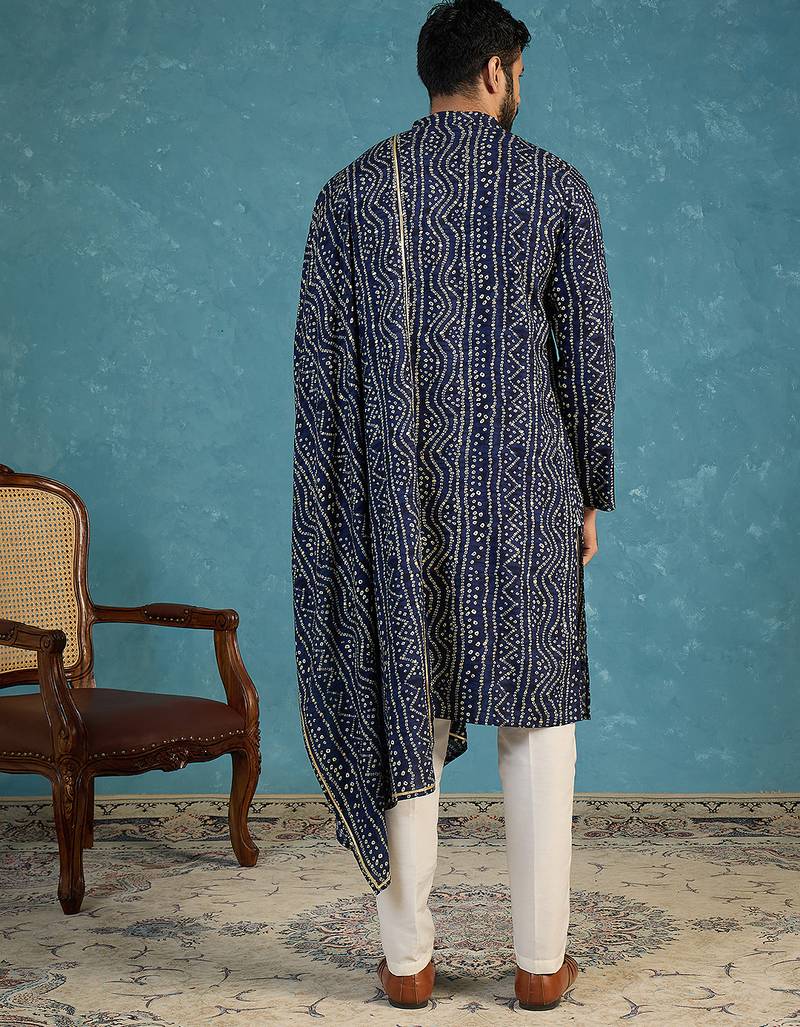 Blue viscose rayon bandhani printed kurta with dupatta & trouser set | trendy ethnic wear for women