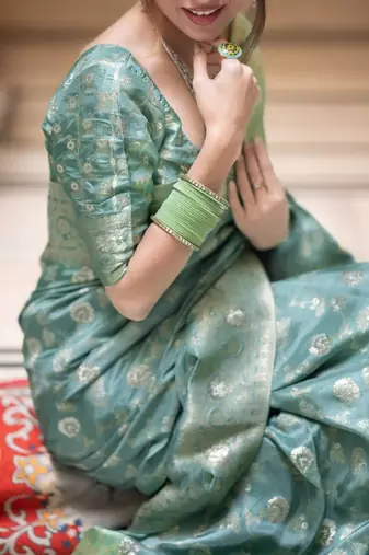 Sea green silk blend jacuard work festival saree with unstitched blouse piece