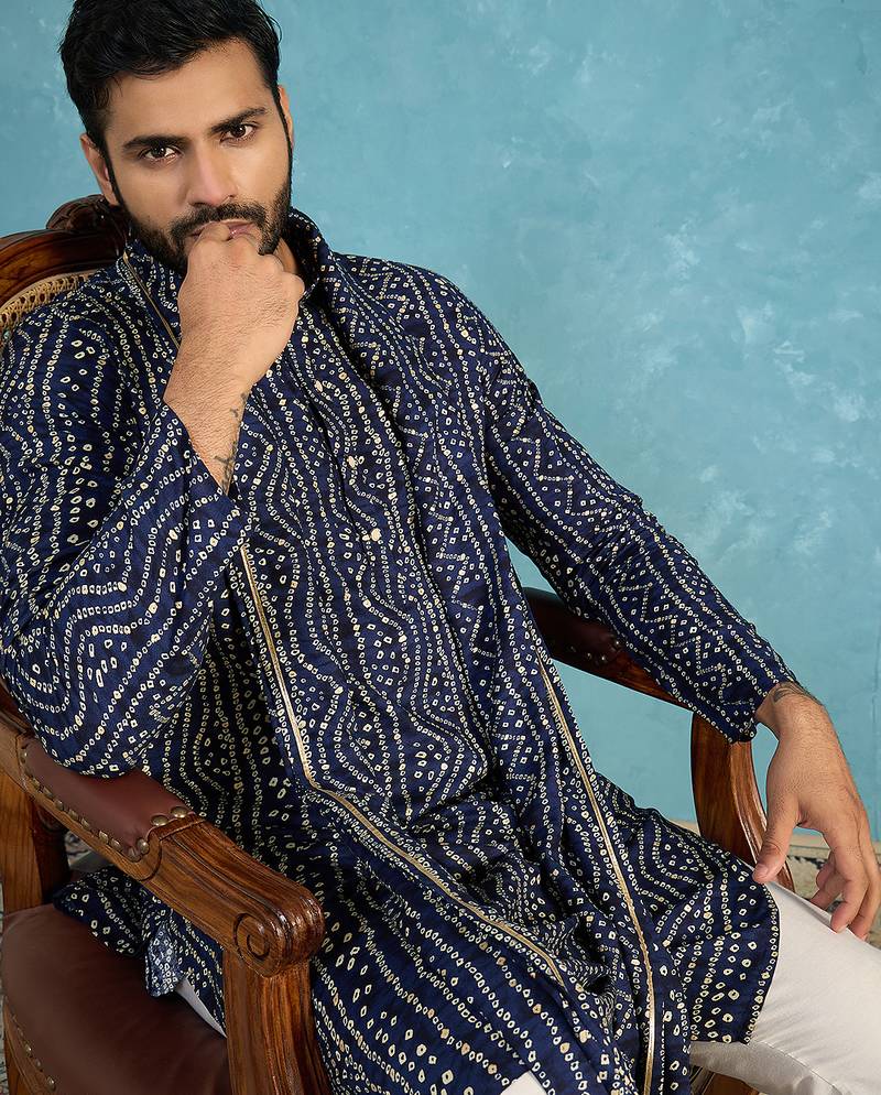 Blue viscose rayon bandhani printed kurta with dupatta & trouser set | trendy ethnic wear for women