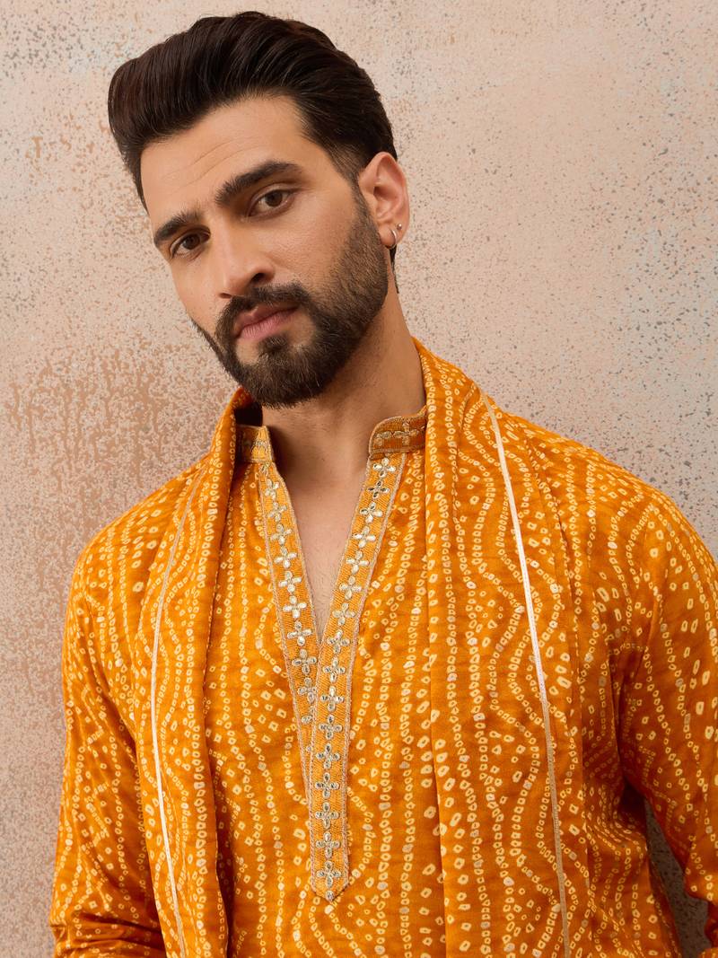 Rust viscose rayon bandhani printed kurta with dupatta & trouser set | trendy ethnic wear for women