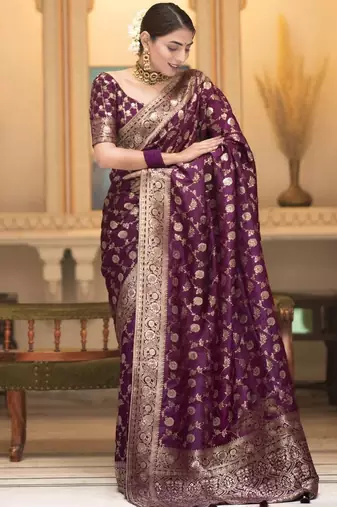 Wine silk blend jacuard work festival saree with unstitched blouse piece