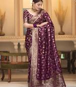 Wine silk blend jacuard work festival saree with unstitched blouse piece
