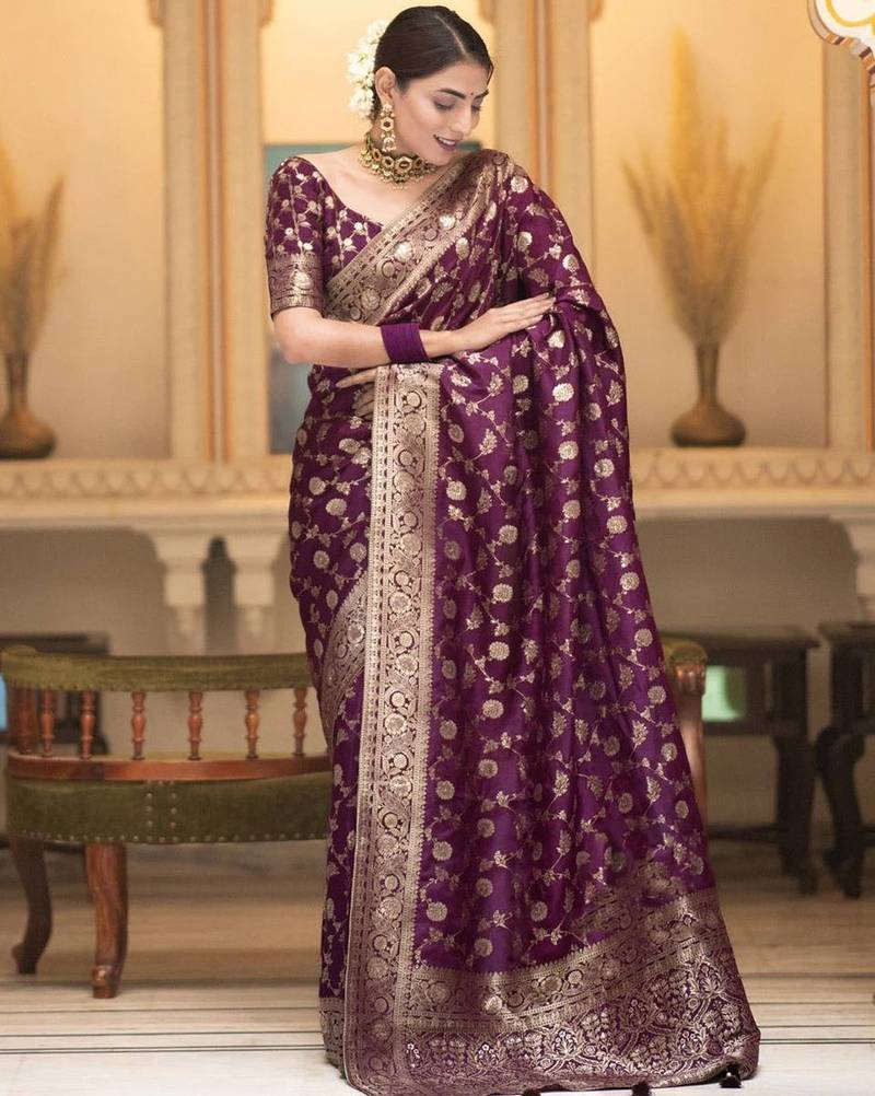 Wine silk blend jacuard work festival saree with unstitched blouse piece