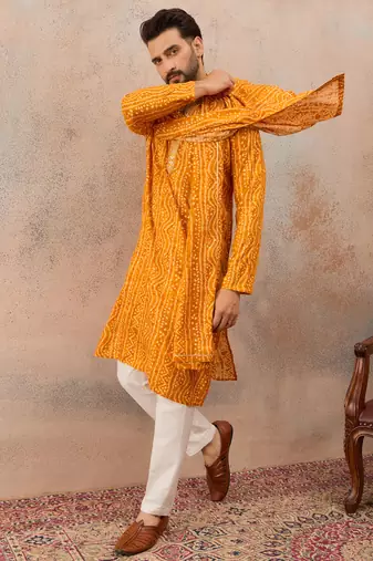 Rust viscose rayon bandhani printed kurta with dupatta & trouser set | trendy ethnic wear for women