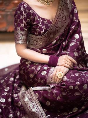 Wine silk blend jacuard work festival saree with unstitched blouse piece 2