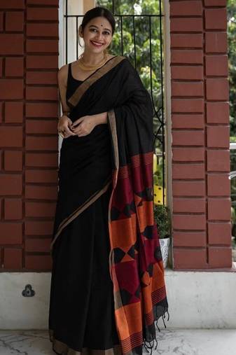 Black linen jacuard work festival saree with unstitched blouse piece