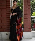 Black linen jacuard work festival saree with unstitched blouse piece