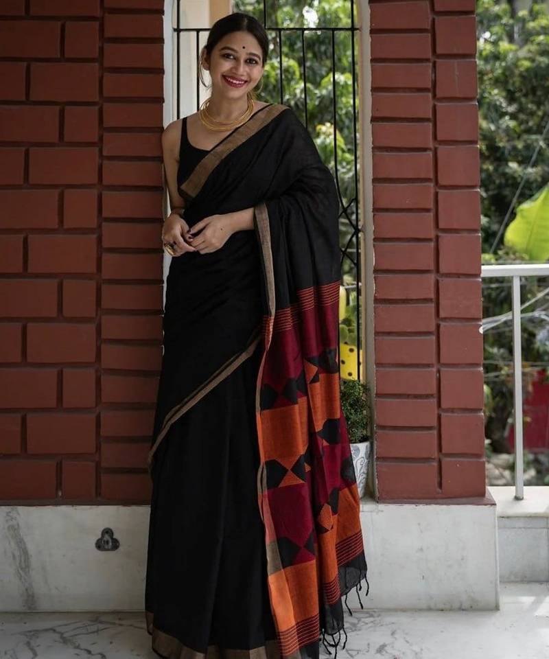 Black linen jacuard work festival saree with unstitched blouse piece