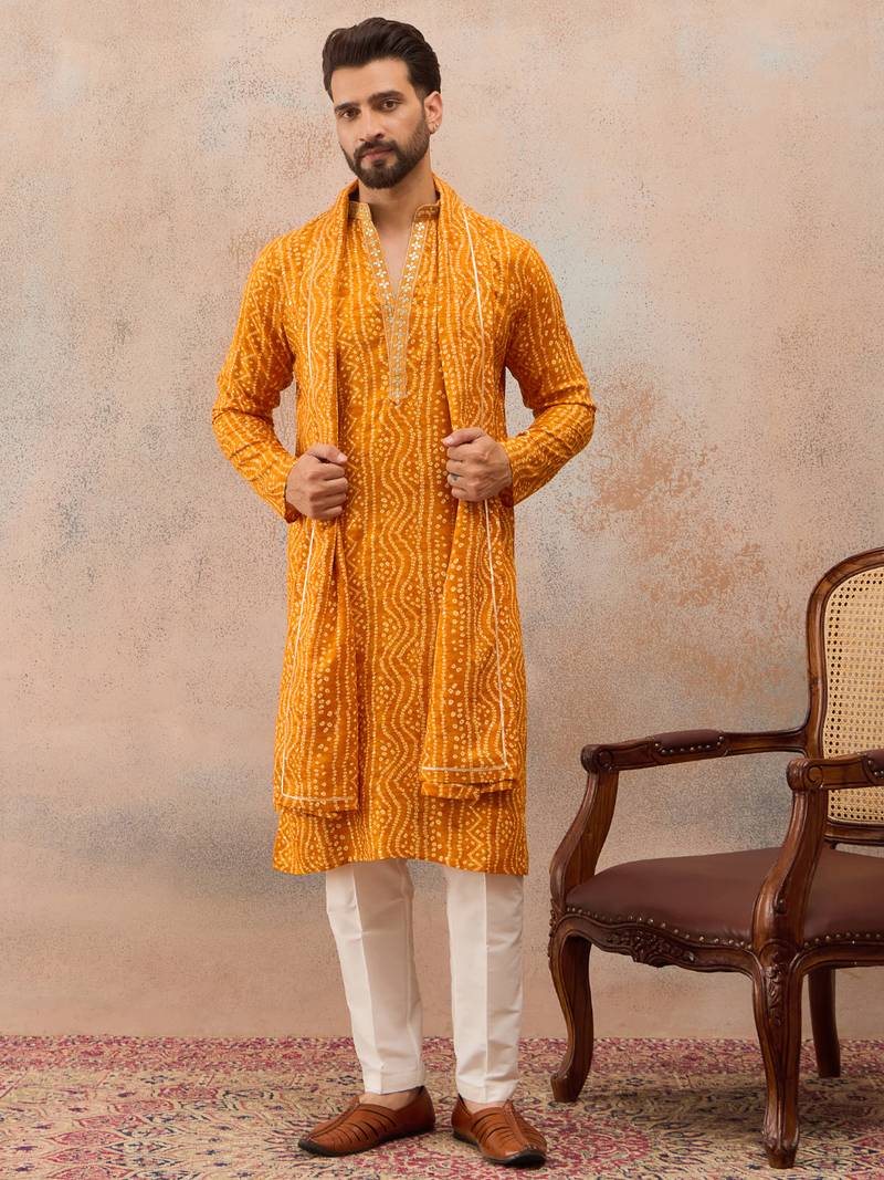 Rust viscose rayon bandhani printed kurta with dupatta & trouser set | trendy ethnic wear for women