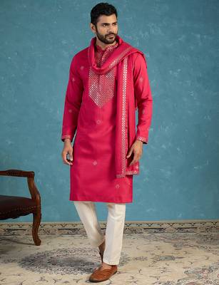 Pink silk blend solid embroidered kurta with dupatta & trouser set | trendy ethnic wear for women 1