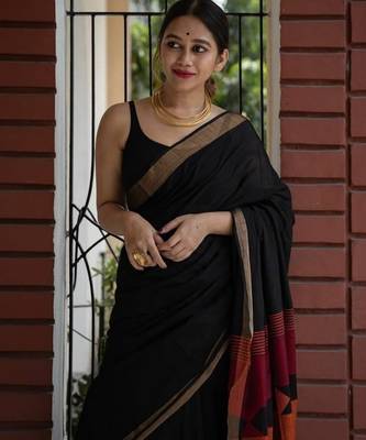 Black linen jacuard work festival saree with unstitched blouse piece 3