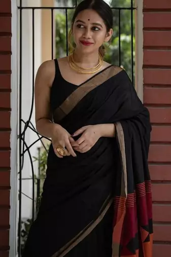 Black linen jacuard work festival saree with unstitched blouse piece
