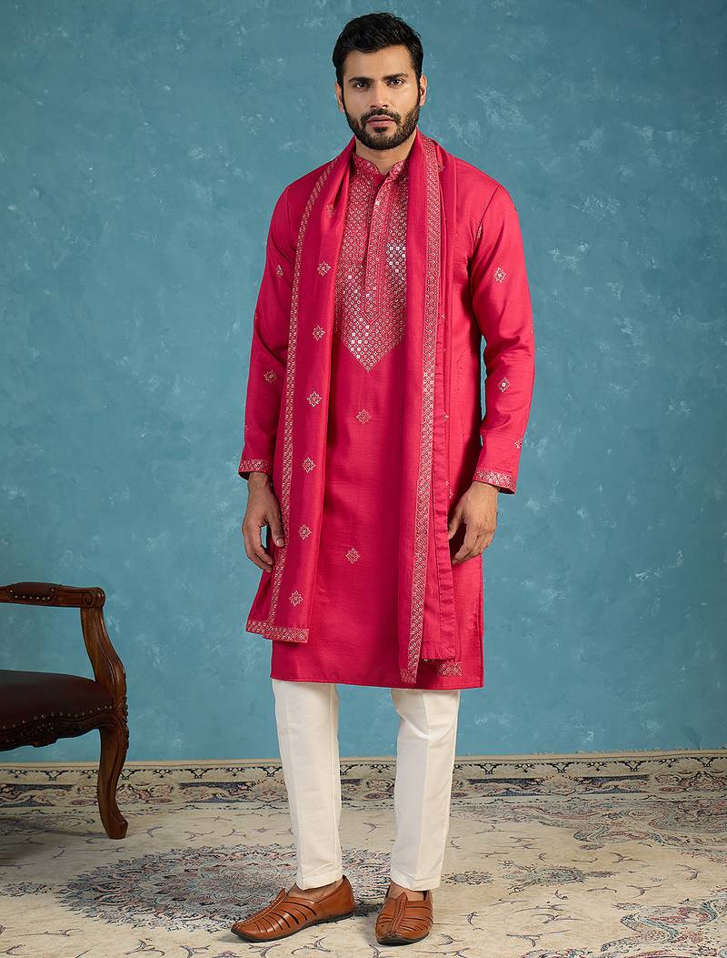 Pink silk blend solid embroidered kurta with dupatta & trouser set | trendy ethnic wear for women