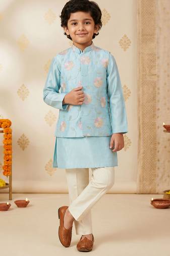 Boy's aqua silk blend embroidered knee length kurta, pyjama and jacket set