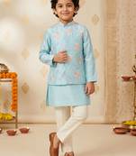 Boy's aqua silk blend embroidered knee length kurta, pyjama and jacket set