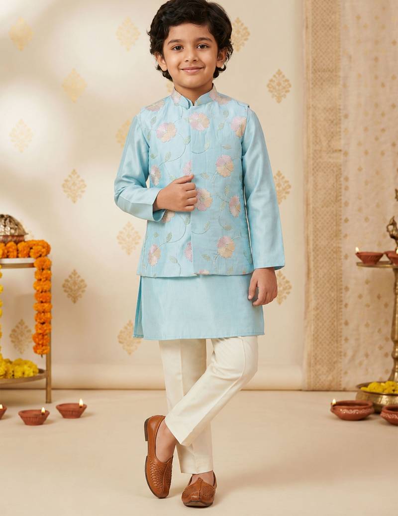 Boy's aqua silk blend embroidered knee length kurta, pyjama and jacket set