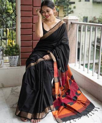 Black linen jacuard work festival saree with unstitched blouse piece 5