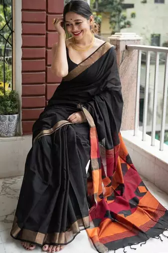 Black linen jacuard work festival saree with unstitched blouse piece