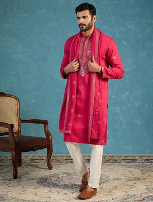 Pink silk blend solid embroidered kurta with dupatta & trouser set | trendy ethnic wear for women 3