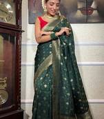 Green silk blend jacuard work festival saree with unstitched blouse piece