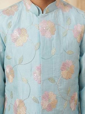 Boy's aqua silk blend embroidered knee length kurta, pyjama and jacket set 2