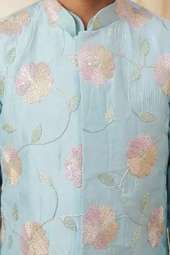 Boy's aqua silk blend embroidered knee length kurta, pyjama and jacket set