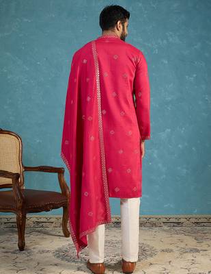 Pink silk blend solid embroidered kurta with dupatta & trouser set | trendy ethnic wear for women 4