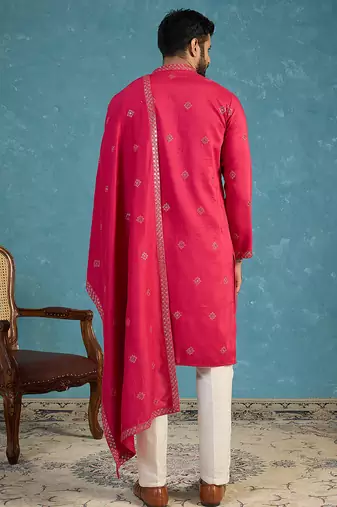 Pink silk blend solid embroidered kurta with dupatta & trouser set | trendy ethnic wear for women