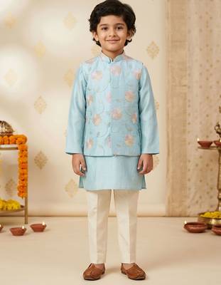 Boy's aqua silk blend embroidered knee length kurta, pyjama and jacket set 3